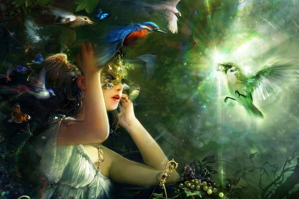 Fantasy fairy tale forest nymph and bird