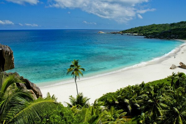 Vacaciones de verano paradisíacas en la isla con un hermoso paisaje del océano, palmeras, montañas y nubes, calor y calor