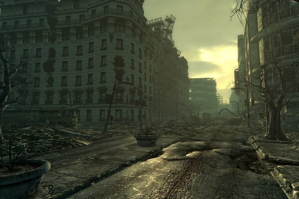 A deserted city in destruction and a sunny haze