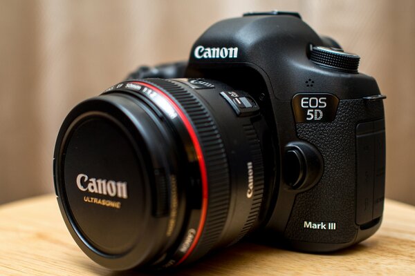 The canon camera stands on a wooden surface