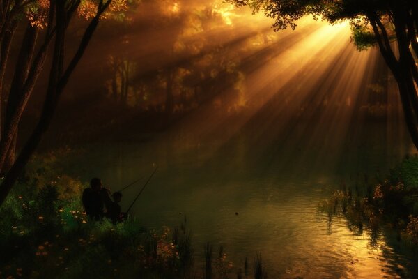 Ein Sonnenstrahl, der den Waldsee beleuchtet