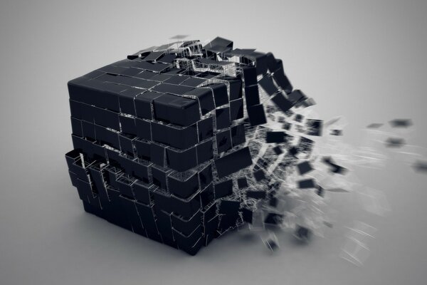 The black cube is torn into small atoms