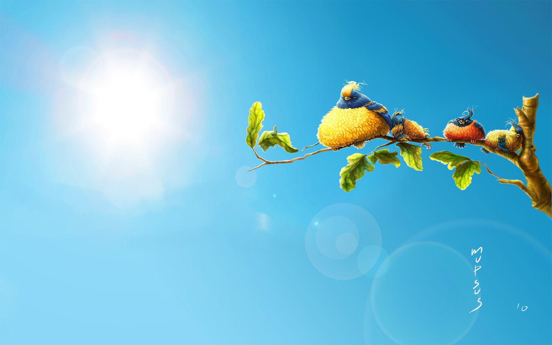 brindilles oiseaux fiers ciel bleu dessins soleil rayons oiseaux branche feuilles à plumes anime