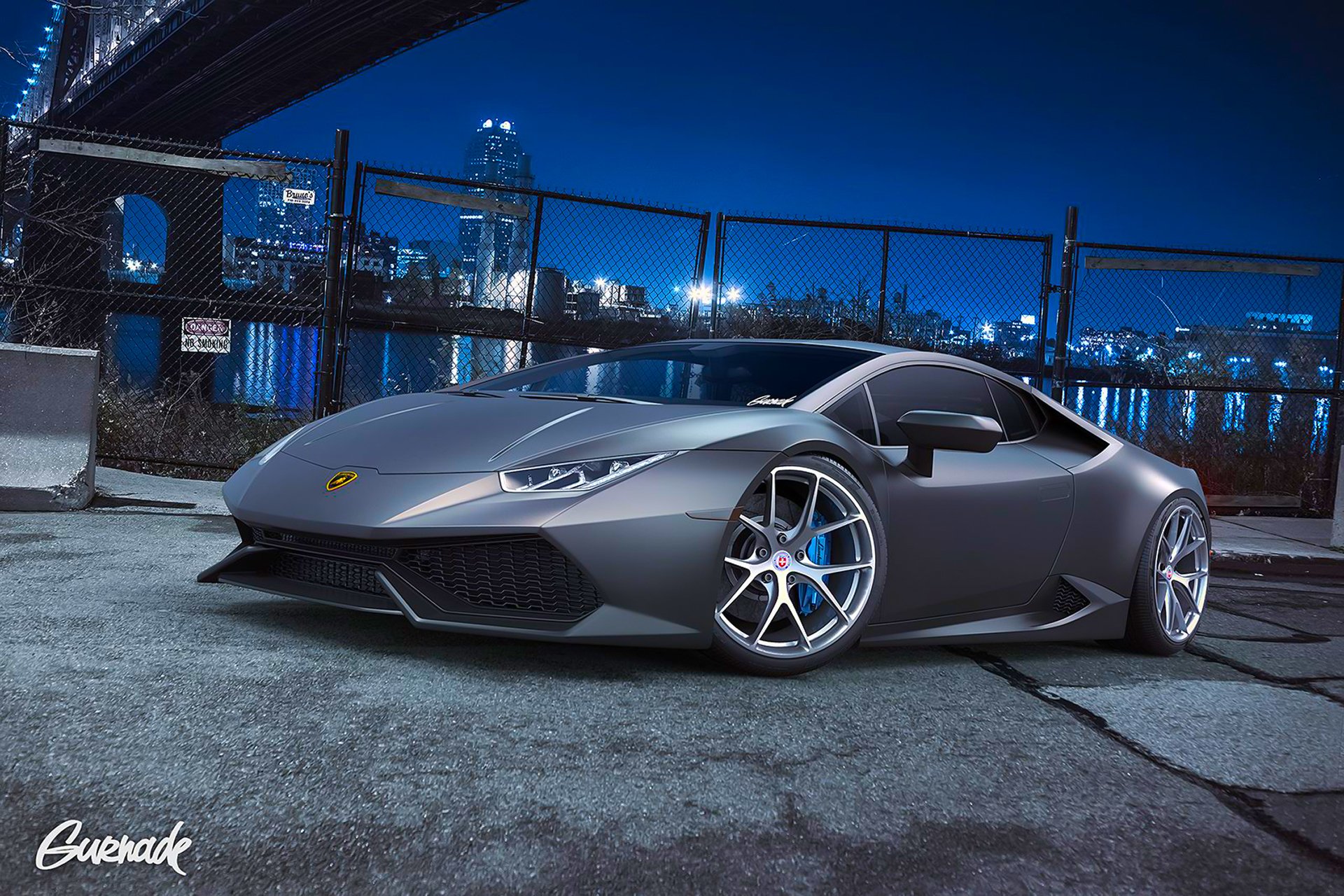 lamborghini huracan lp640-4 grigio hre ruote nigth città supercar anteriore da gurnade