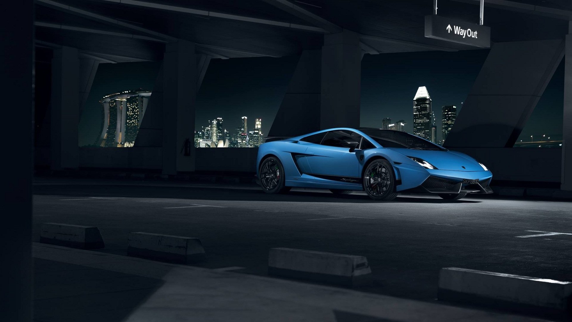 lamborghini gallardo lp570-4 superleggera blu supercar anteriore città nigth luce