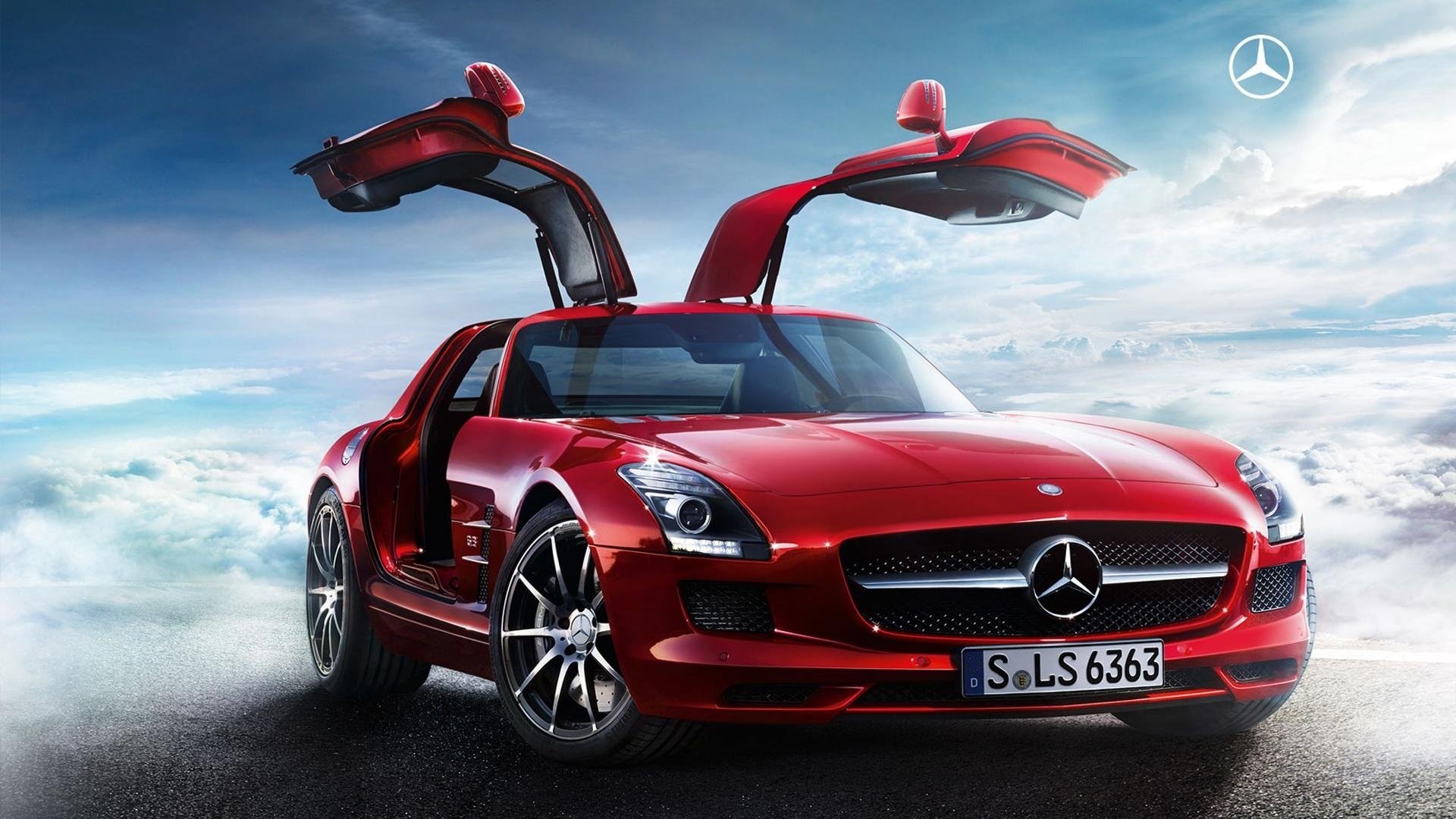 car mercedes red auto background clouds cars machine transport vehicles red car heaven form design style