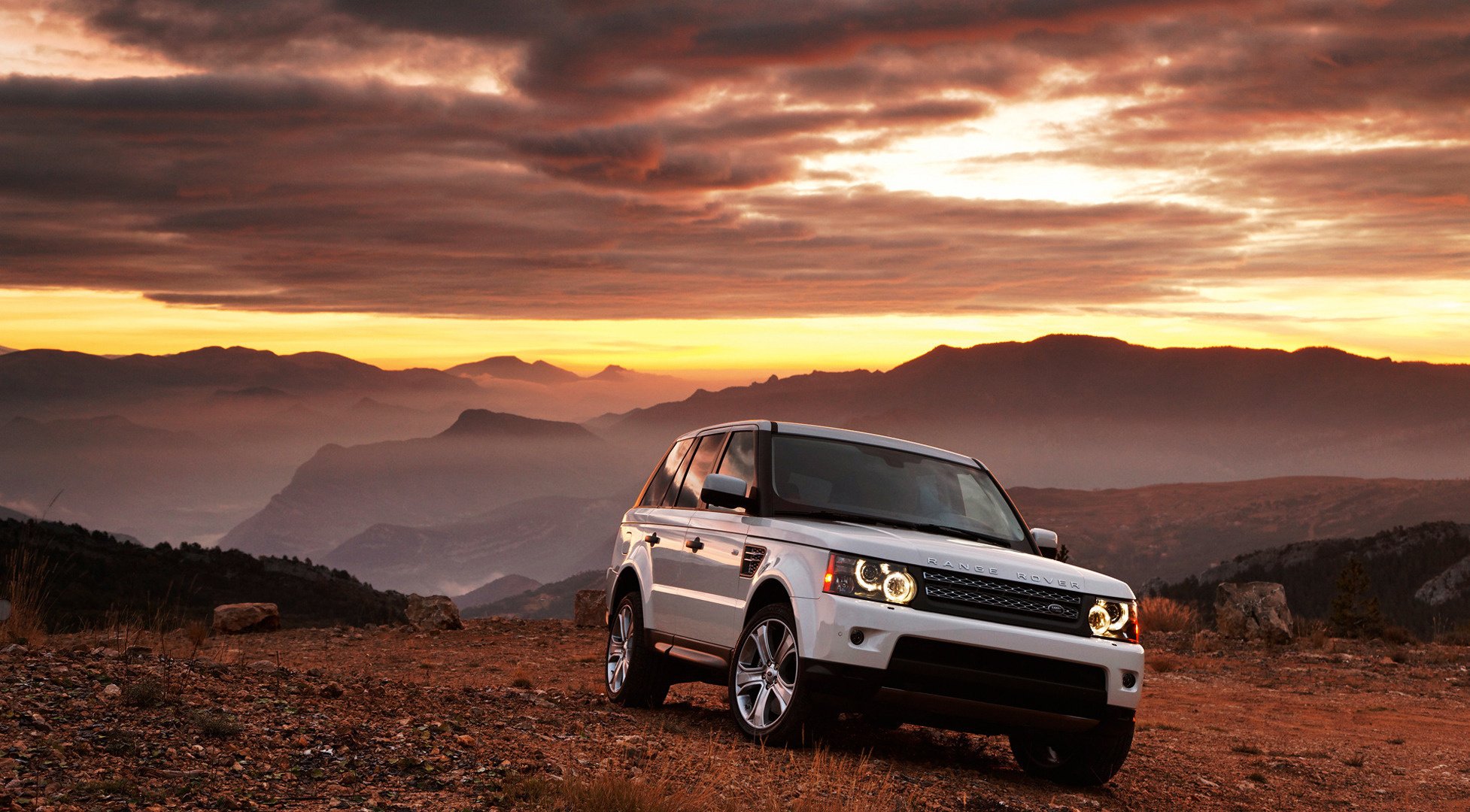 range rover bianco auto tramonto montagne automobili automobili automobili veicoli veicoli a motore