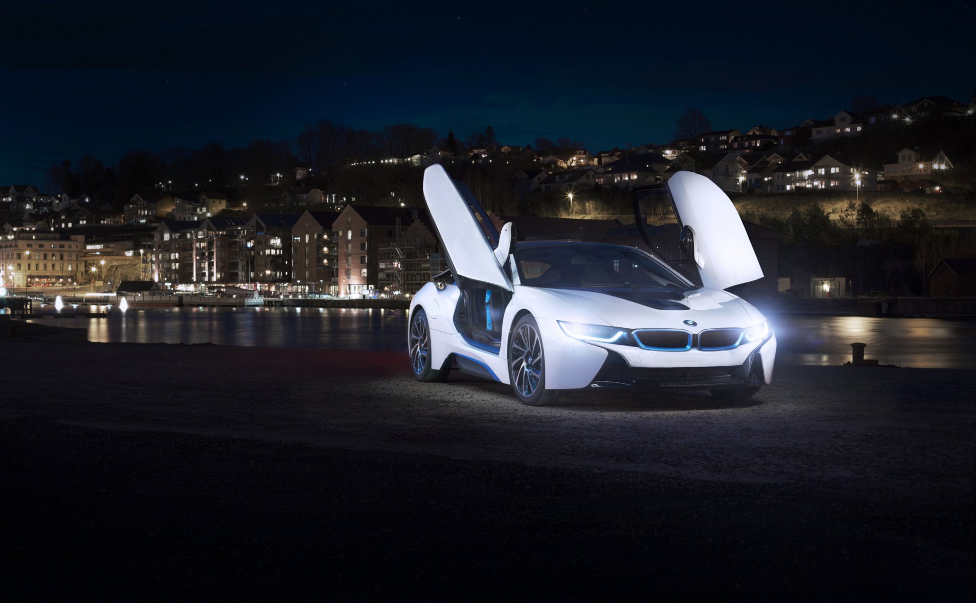 bmw i8 weiß türen nigth licht flüsse