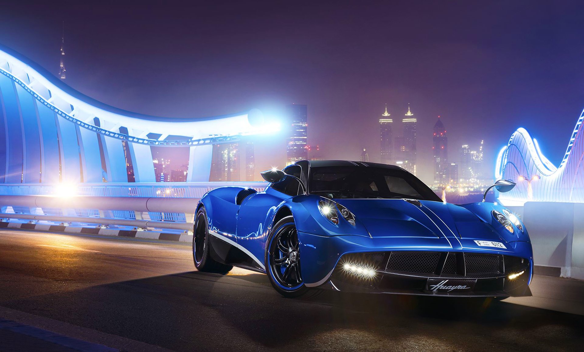 pagani huayra azul superdeportivo luz nigth pista frente