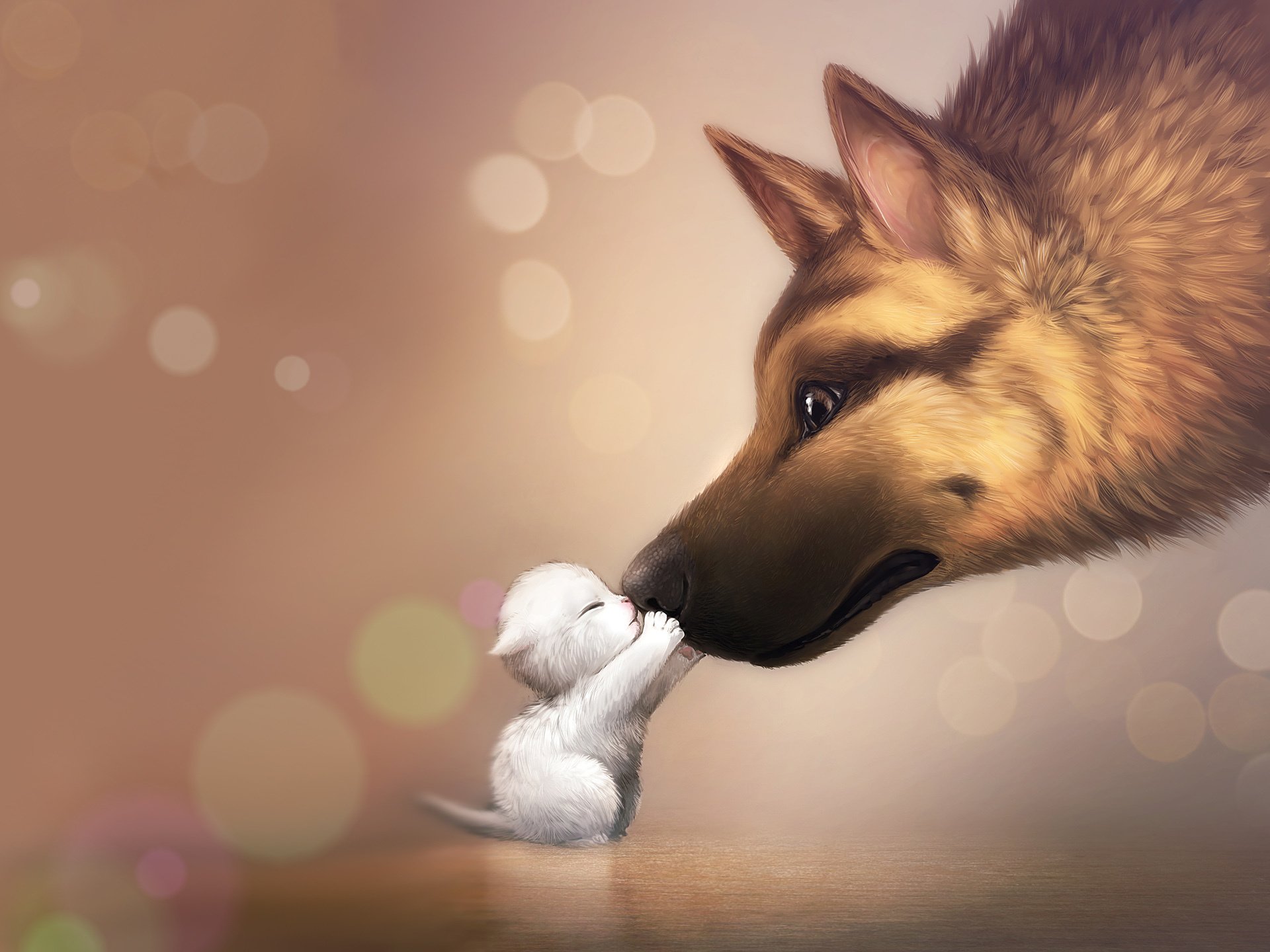 gattino bianco grande cane disegno amore fiducia amicizia