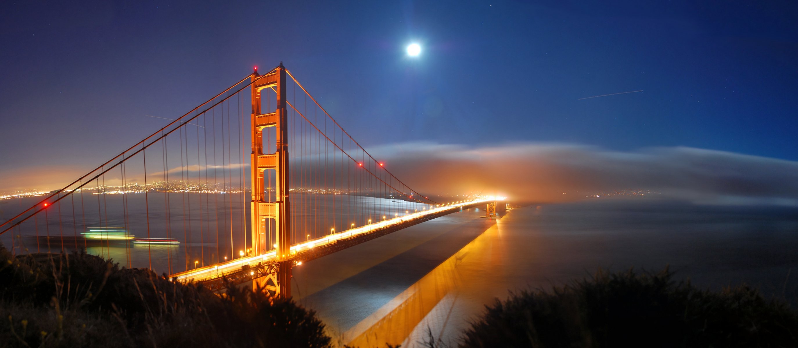 villes amérique états-unis états vue lieux ponts nuit lune mois eau mer océan lumières lumière ciel nocturne lumières de la ville