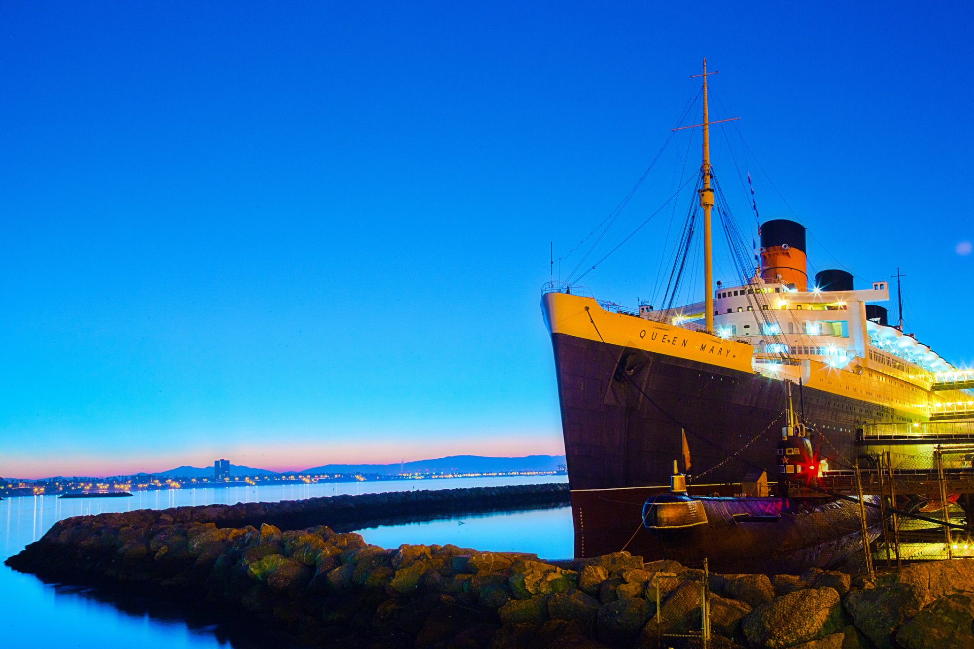 orange county california usa morning sky sea pier liner ship queen mary submarine submarine rock