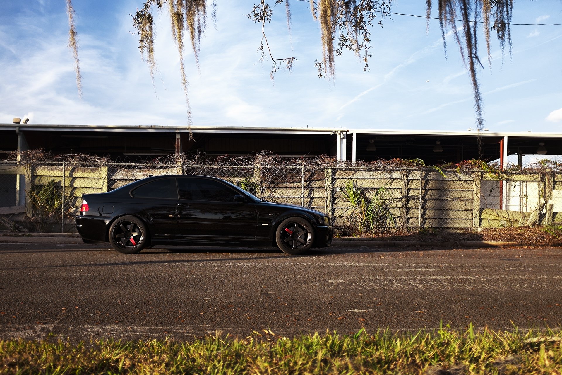 bmw m3 e46 noir bmw coupé profil jantes ombre herbe