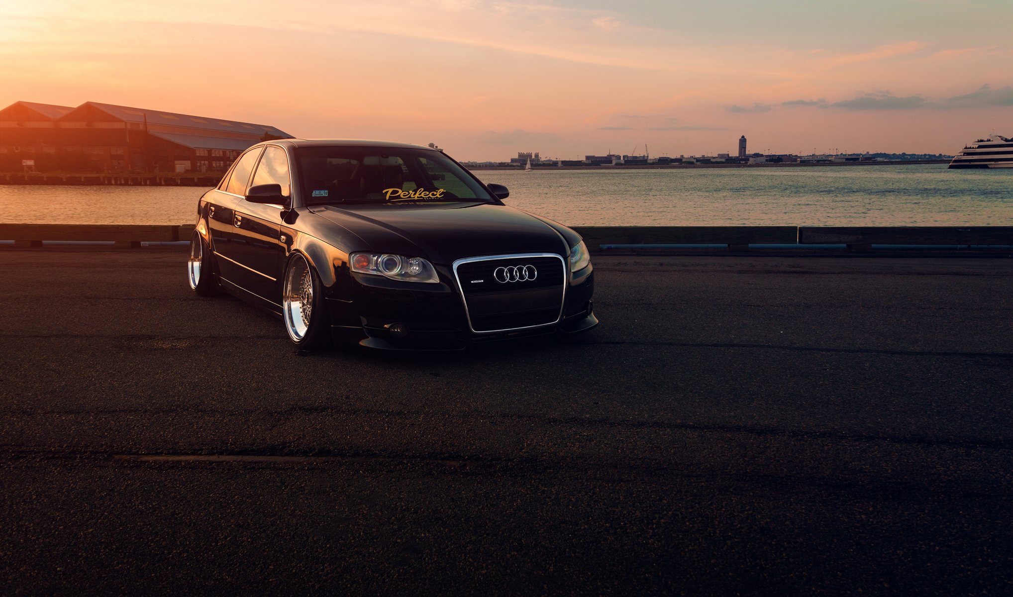 audi a4 posición slammed coche negro puesta de sol frente