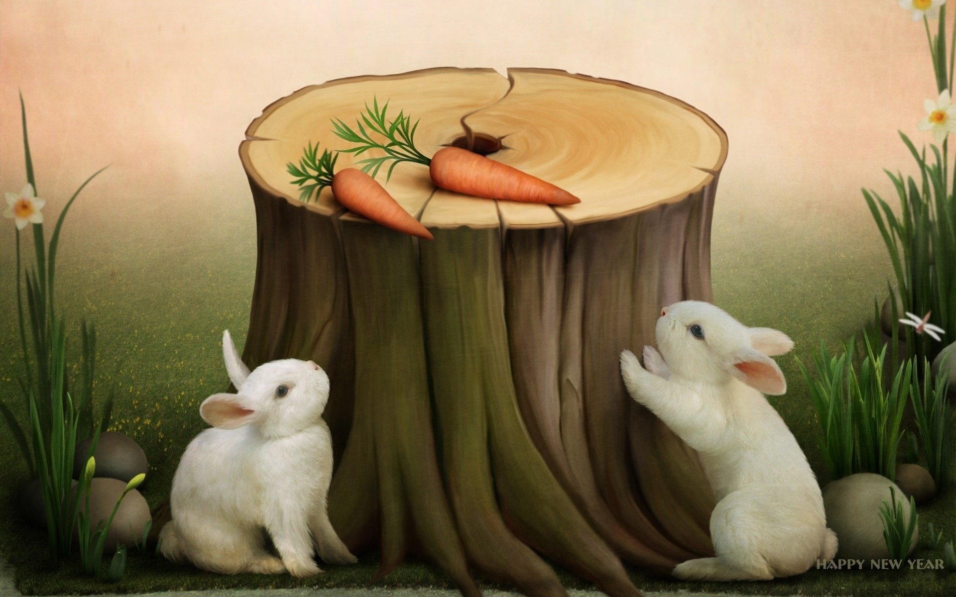 white bunnies stump figure carrot earth grass stones rabbit