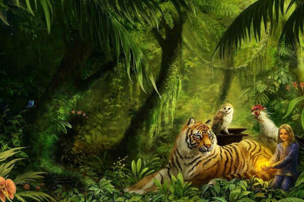 Birds, a tiger and a girl are sitting in the jungle under palm trees