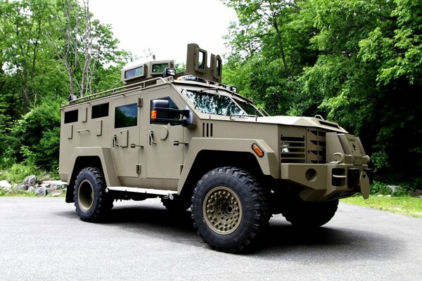 An army car on a platform in the forest