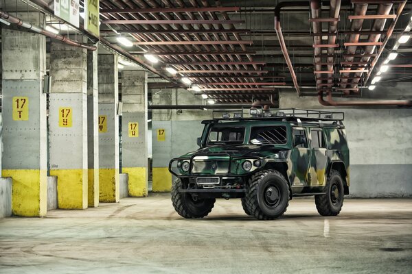 Military car in the underground parking lot