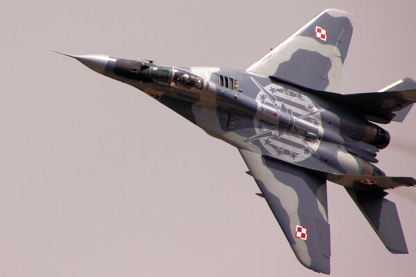 Avión MIG 29 vuela en el cielo