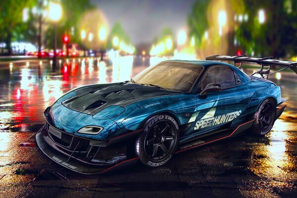 Bleu mazda rx-7 speedhunters sur fond d écran de parc de nuit