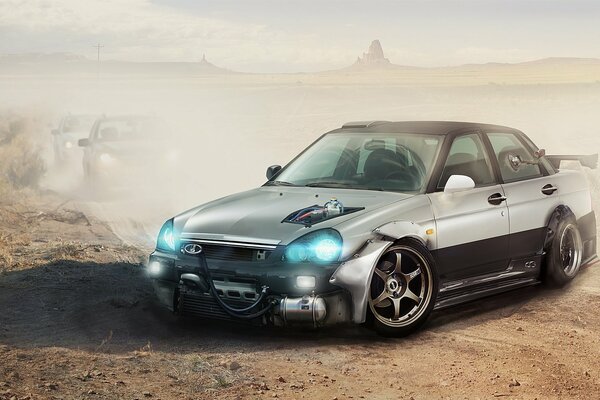 Lada Priora Photoshop dans les montagnes