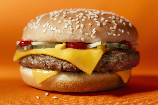 Urgent cheeseburger on an orange background