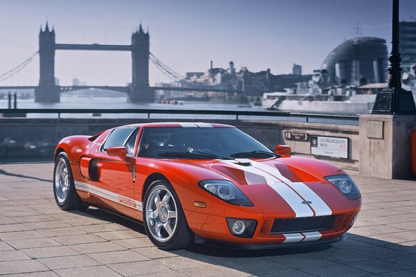 Sports car on the background of the bridge