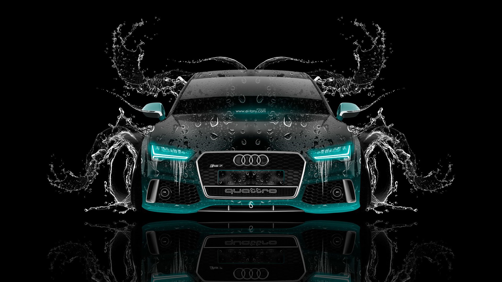 tony kohan audi rs7 front water car azure neon black el tony cars photoshop wallpaper design art style audi rs7 front view water car effects turquoise background art 2014