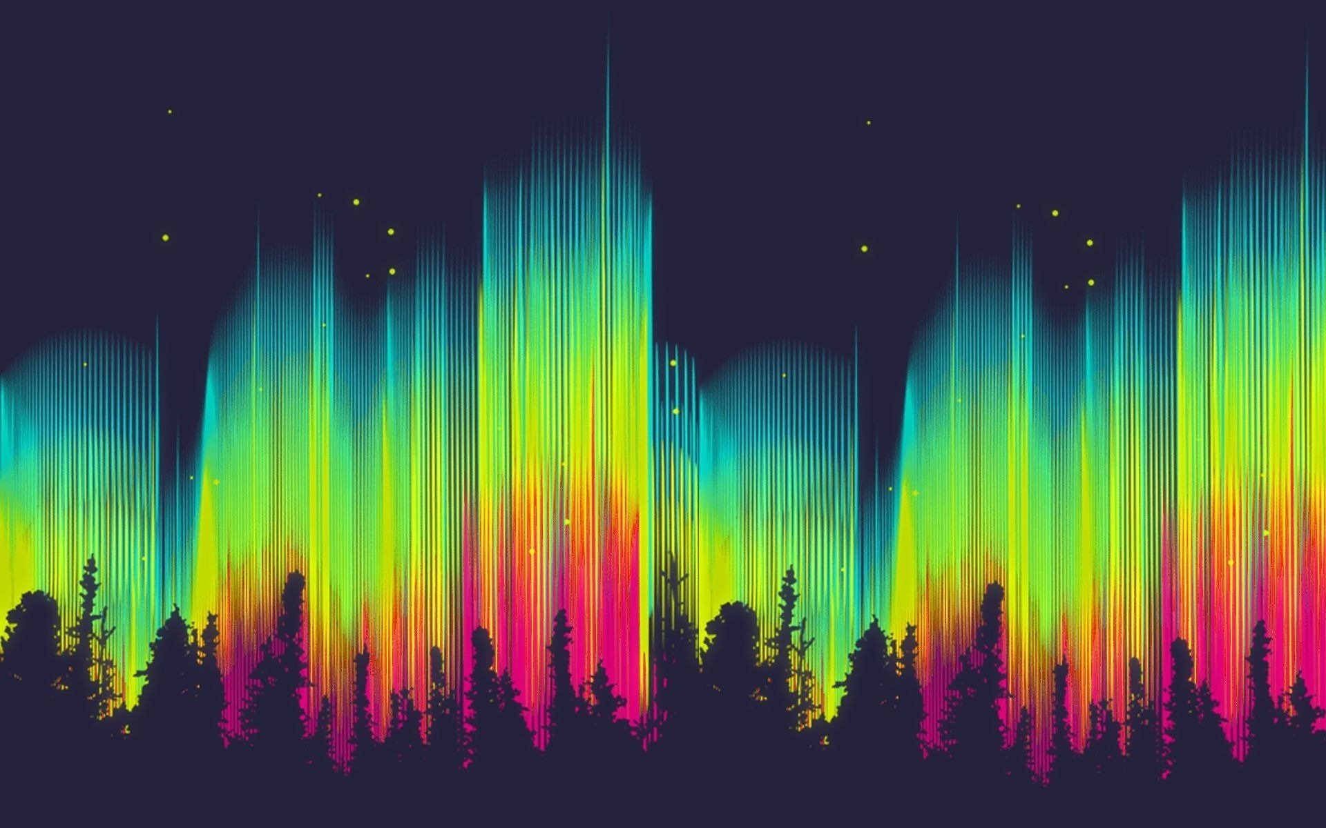 abstraction bright color northern lights forest stars graphics background wallpaper fantasy texture