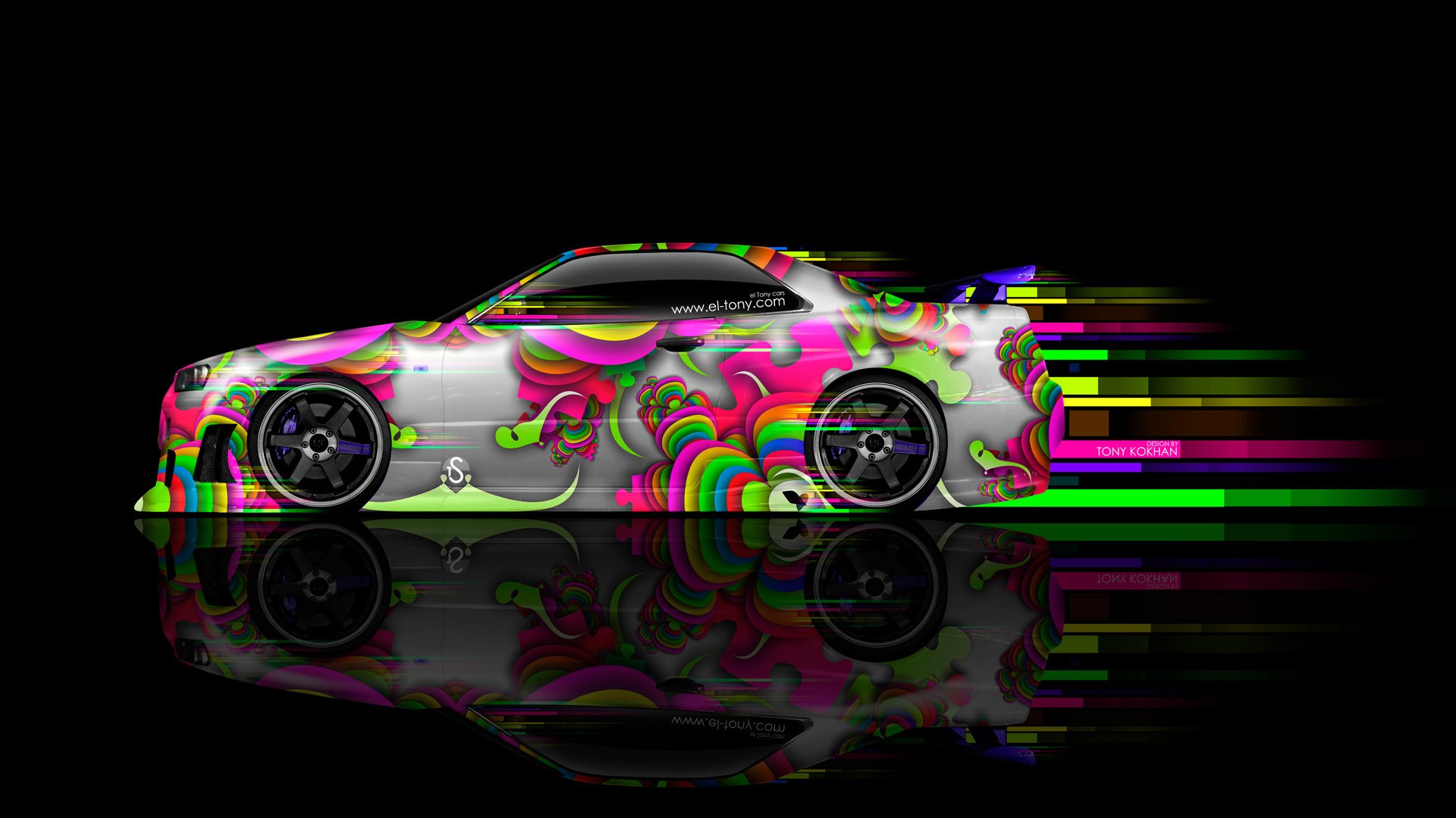 tony kokhan nissan skyline gtr r34 side abstract aerography black background multicolors jdm style photoshop el tony cars hd wallpapers tony cohan airbrush gad p 34 34 body multicolored machine effect