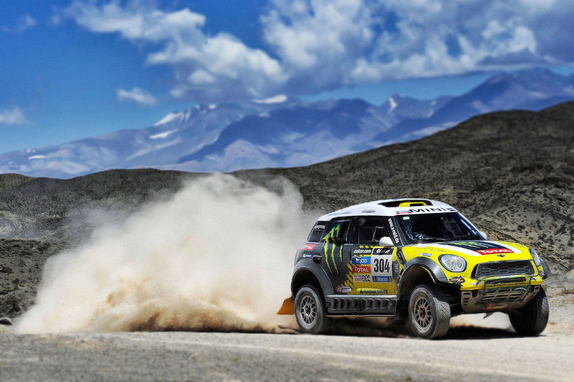 mini mini cooper mini auto coche dakar rally deporte amarillo vista lateral polvo montañas