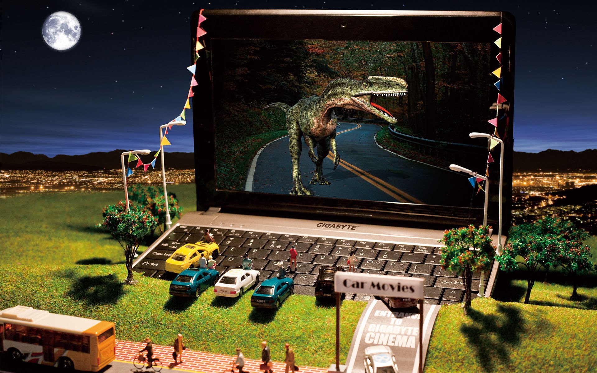 gigabyte modelos netbook miniatura cine coches dinosaurio colina ciudad juguetes linternas portátil árboles