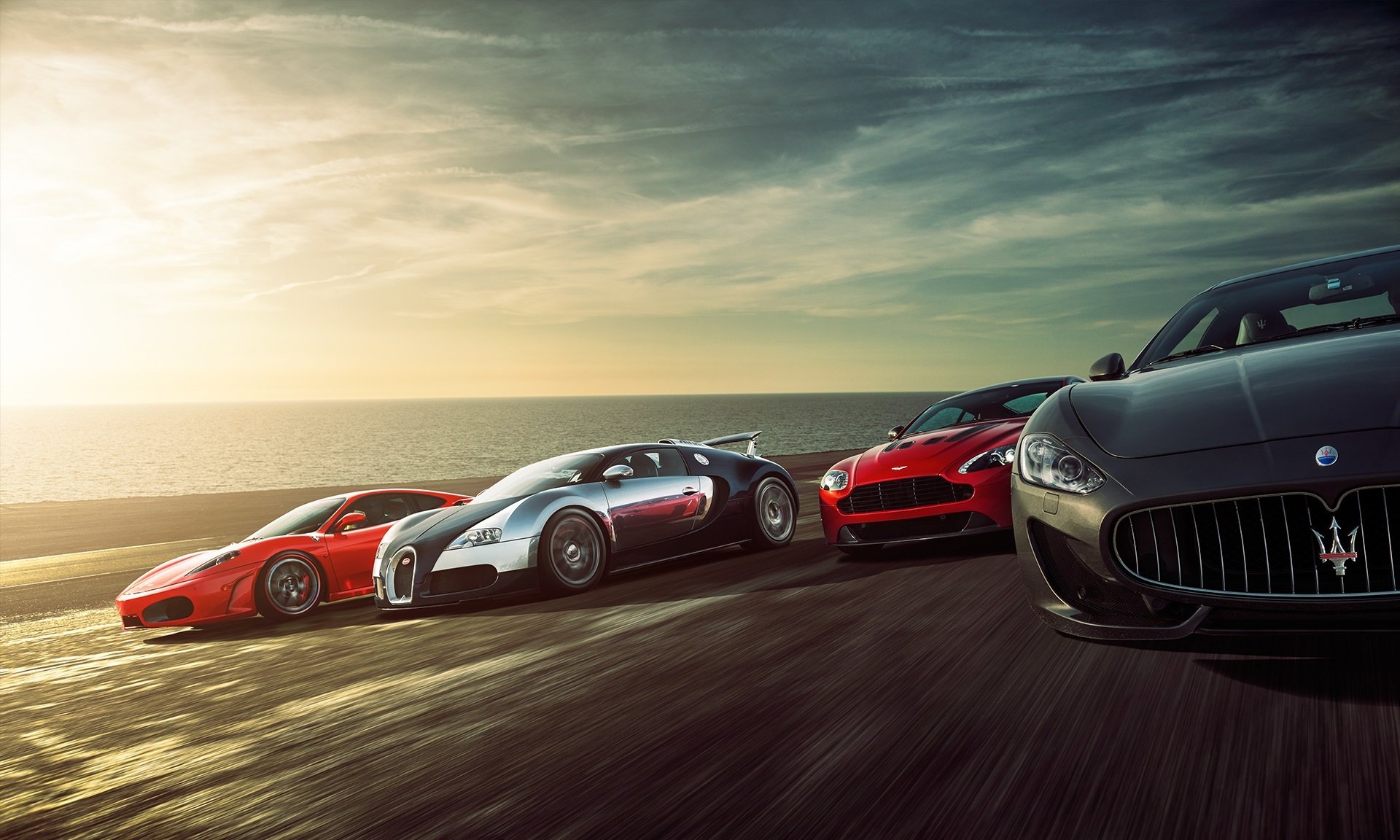 ferrari f430 bugatti veyron aston martin vantage maserati grant turismo supercars coucher de soleil mer vitesse