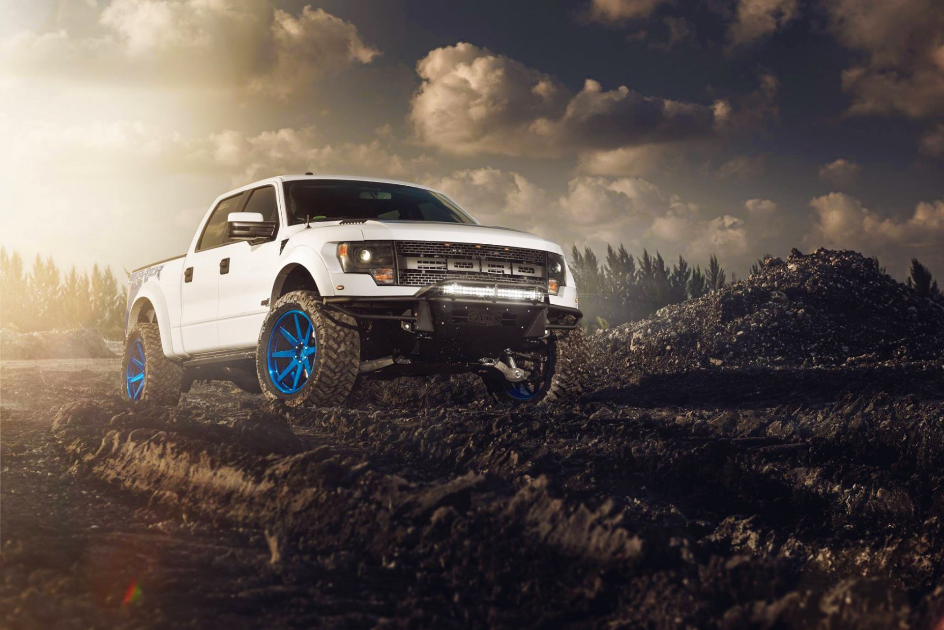 ford f-150 raptortrax blanco ruedas sol frente