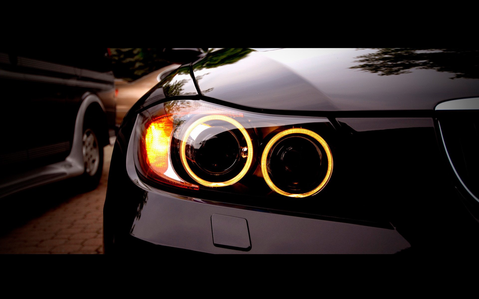 bmw 335i faro ojos de ángel macro auto bmw auto negro reflexión coches vehículos vehículos