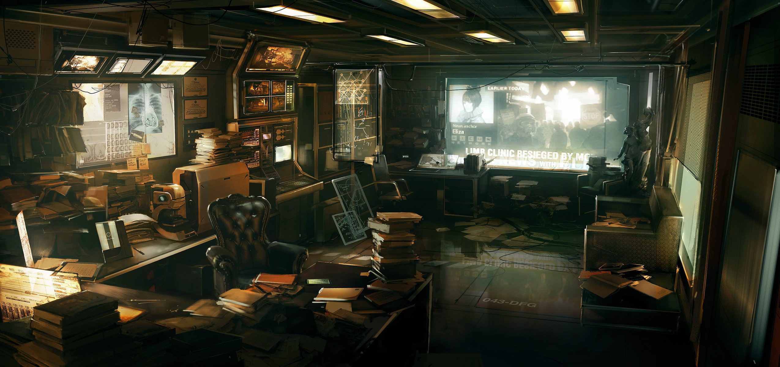 lavoro deus ex 3 ufficio scrivania sedia libri di carta monitor arredamento disegni anime interni-a