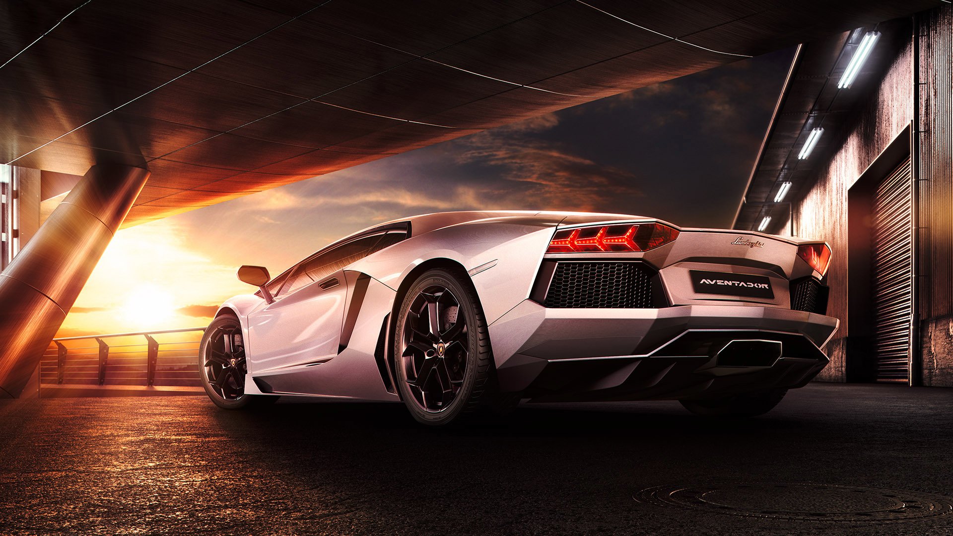 lamborghini aventador lp700-4 supersportwagen sonnenuntergang himmel reflexion hinten schönheit