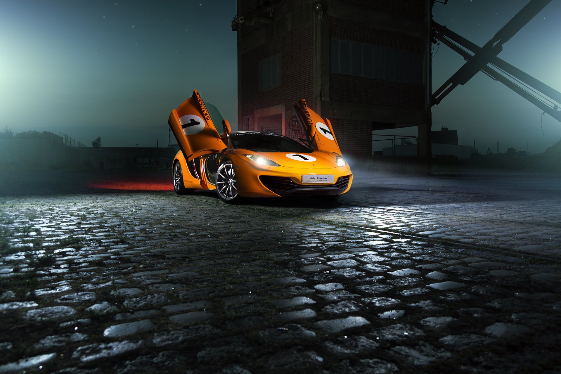 mclaren mp4-12c orange color supercar nigth ligth beam