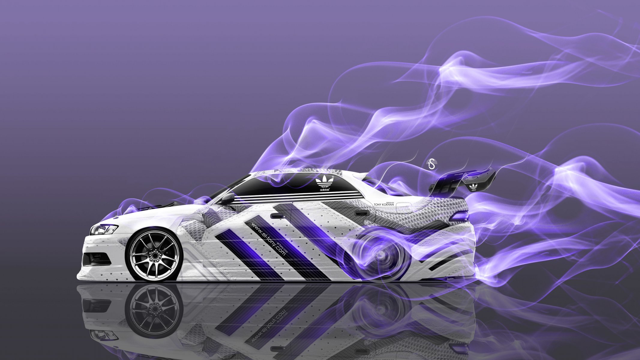 tony kohan toyota mark2 jzx90 jdm adidas shoes logo tuning airbrushing purple smoke drift car side white el tony cars photoshop design art style 4k wallpaper japan toyota mark2 mark 2 90 body purple car auto