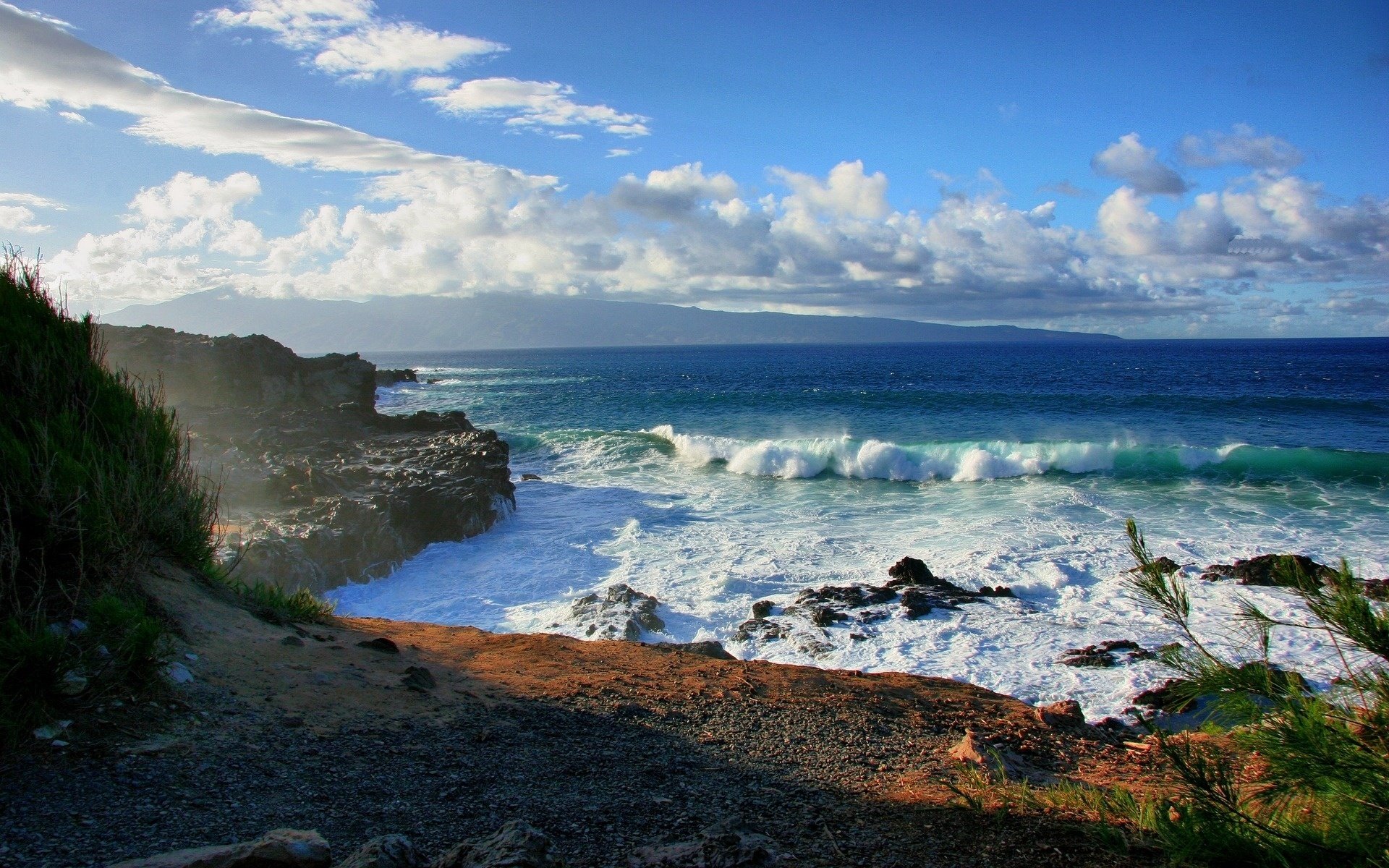 landscapes stones rocks photo water sea shore the ocean the sky surf horizon cloud