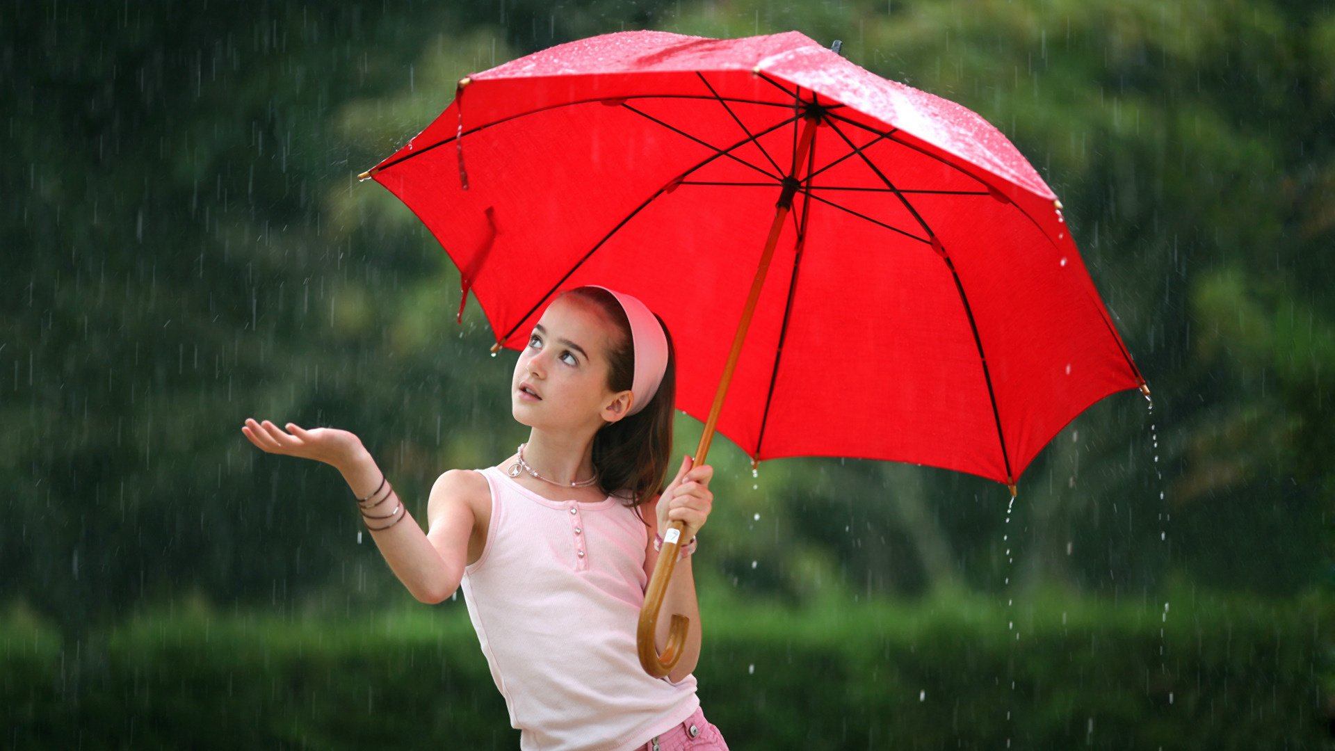 girl umbrella red rain look face mood nature green