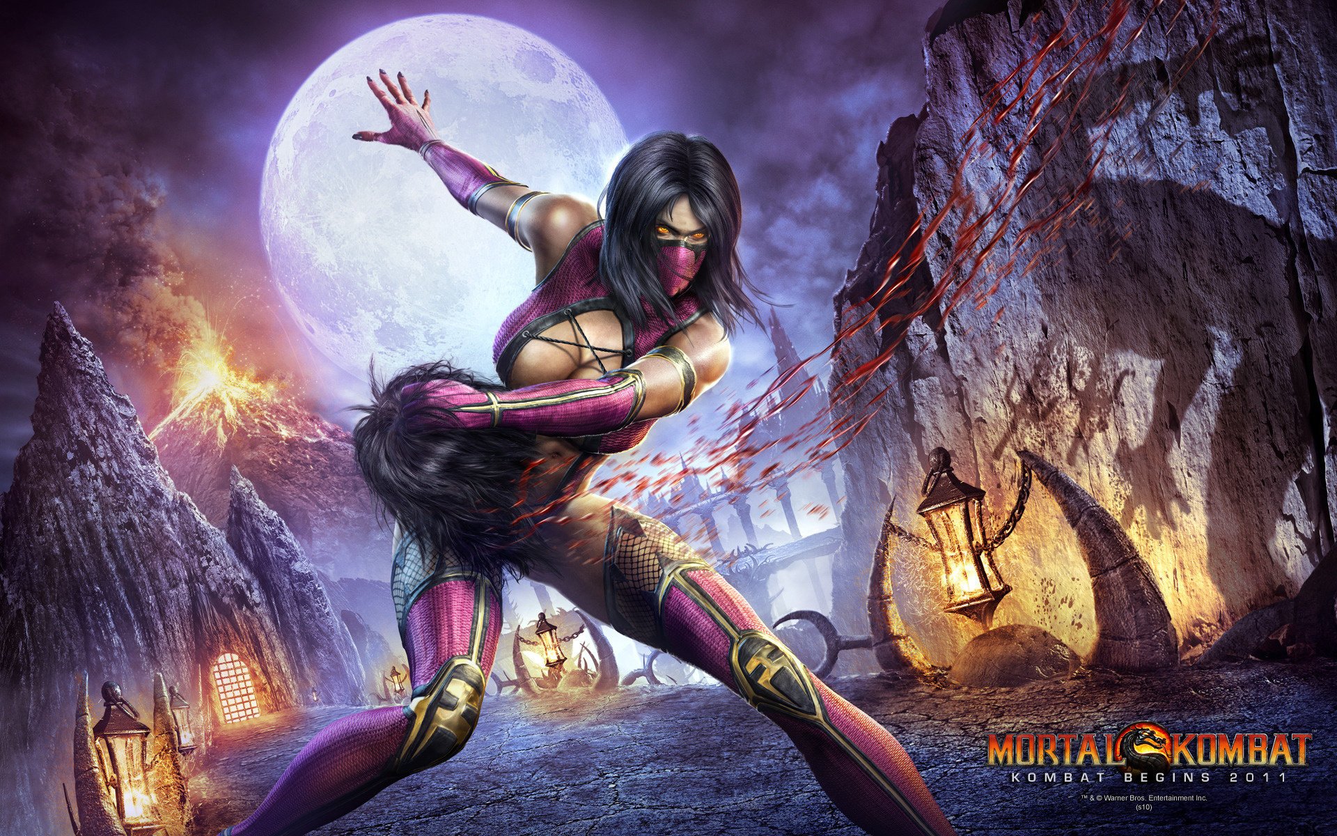 milena mortal kombat dziewięć mortal kombat mortal kombat dziewczyna krew głowa planeta noc ogień błysk latarnia klatka piersiowa maska skały krater wulkan