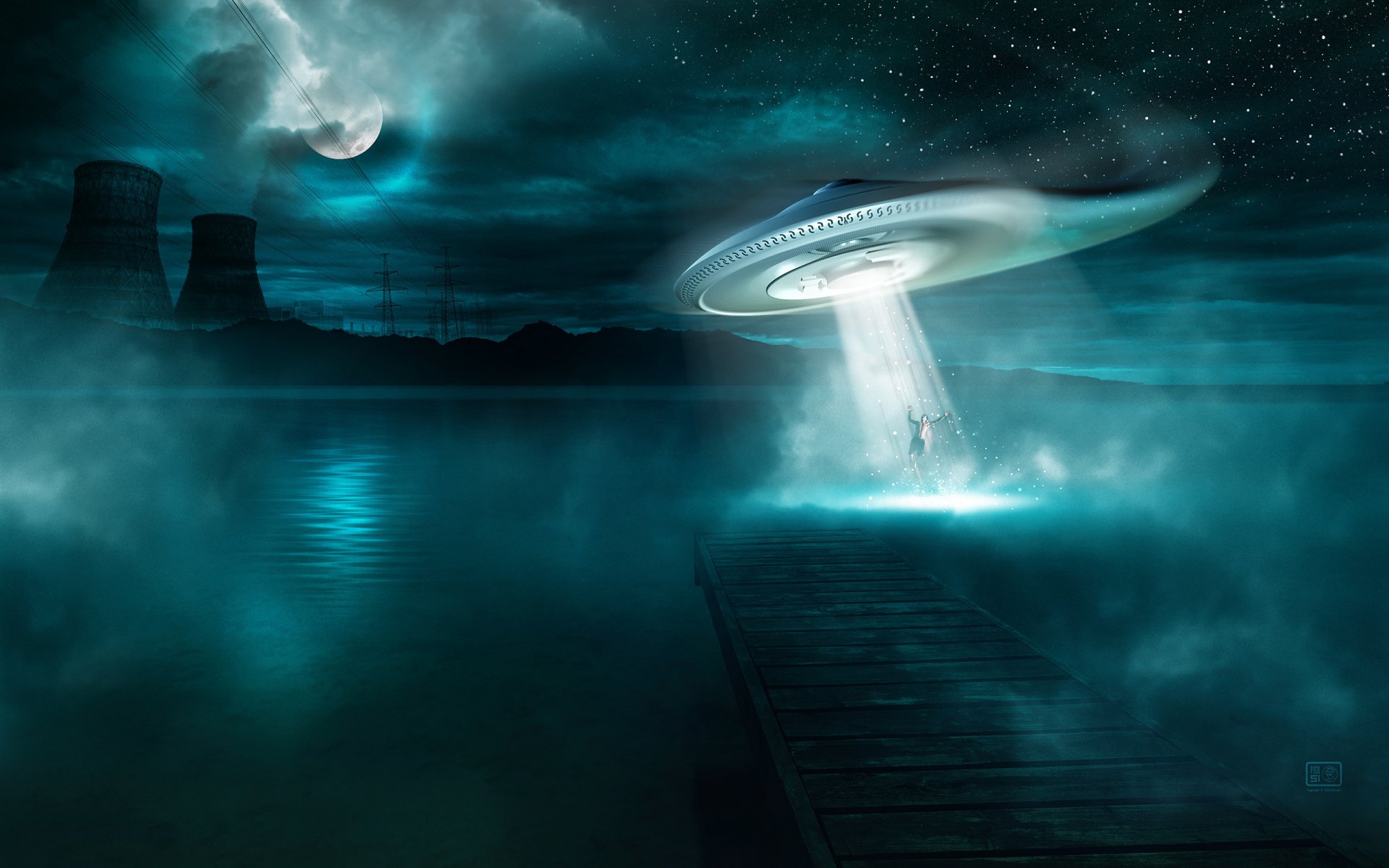 entführung wählerleitung situation ufo ufo mensch nacht wasser see baum plattform pier berg fabrik rohre stromleitung nebel sterne mond fantasie