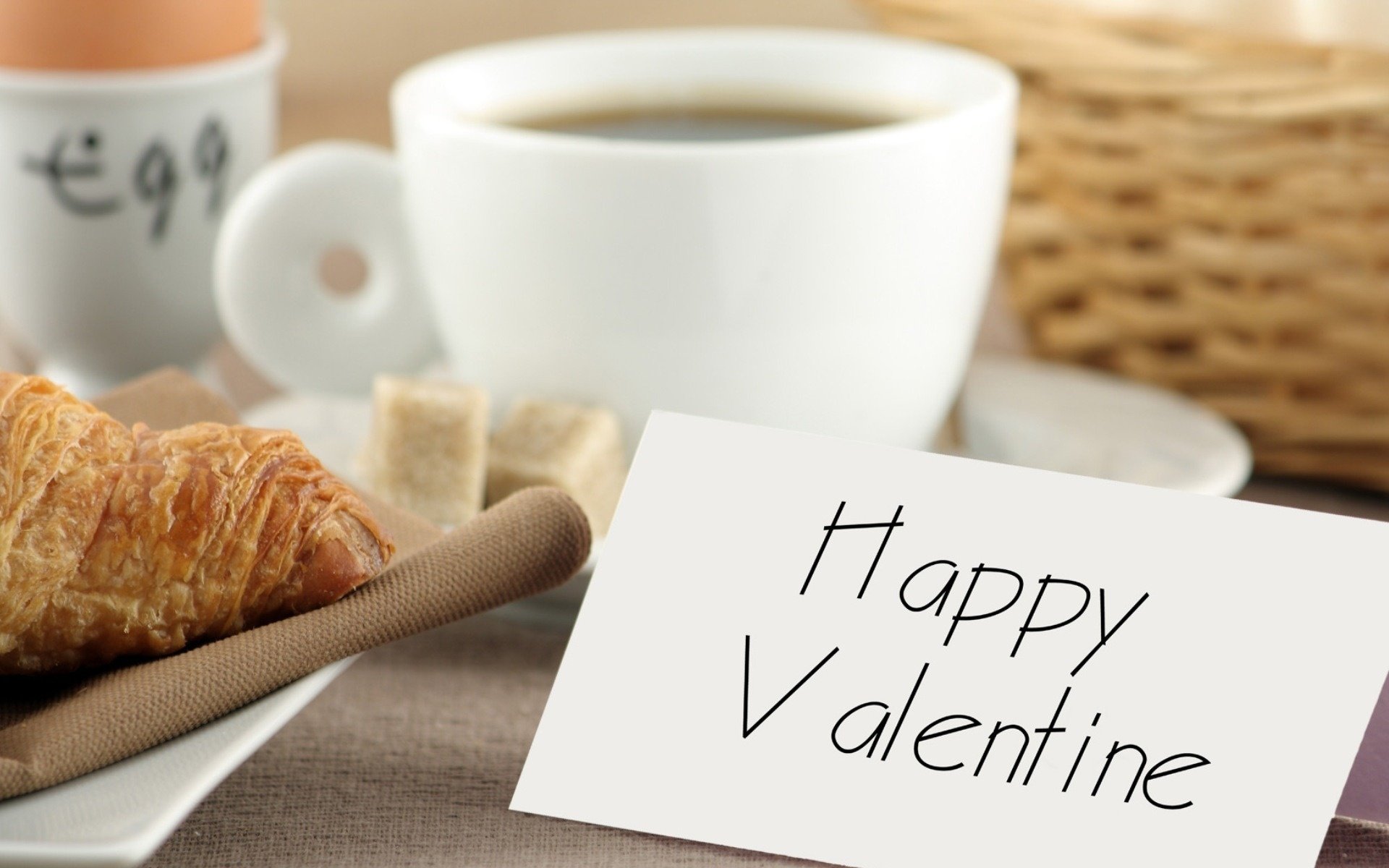 breakfast valentine lovers dishes holidays day sugar cubes postcard table croissant congratulations coffee cup