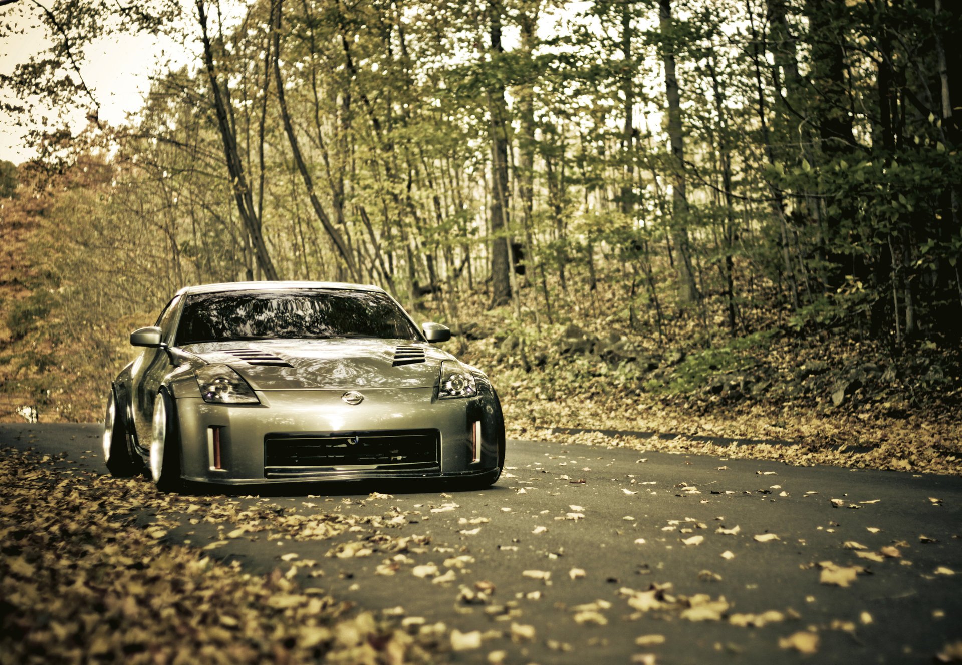 nissan 350z route automne feuillage auto nissan voiture arbres forêt voiture argentée voitures de tourisme transport véhicules à moteur