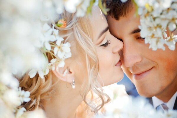 Romantic newlyweds on a background of flowers