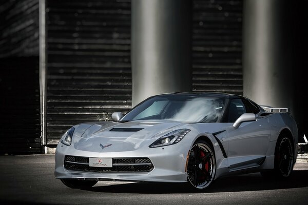 Silver sports car with red calipers