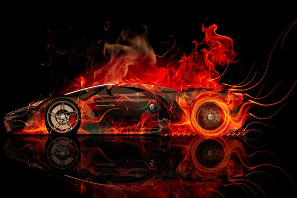 Black ferrari in flames on a black background