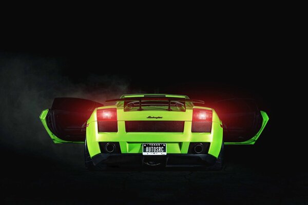 Lamborghini gallardo is a green supercar. Rear view