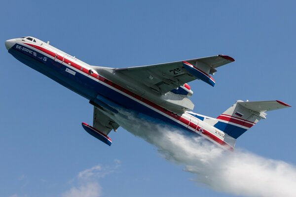 A Russian plane taking off and leaving a trail